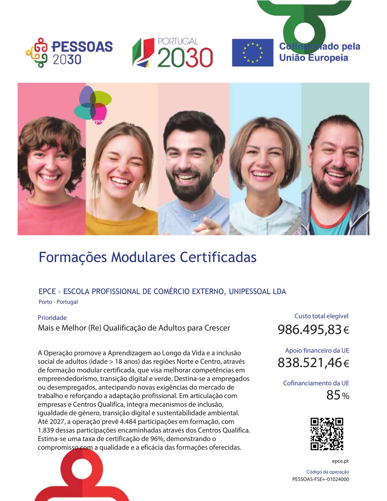 Ficha da Operação PESSOAS-FSE+-01024000 — Formações Modulares Certificadas, EPCE: custo total elegível 986.495,83 €, apoio financeiro da UE 838.521,46 €, cofinanciamento da UE 85%